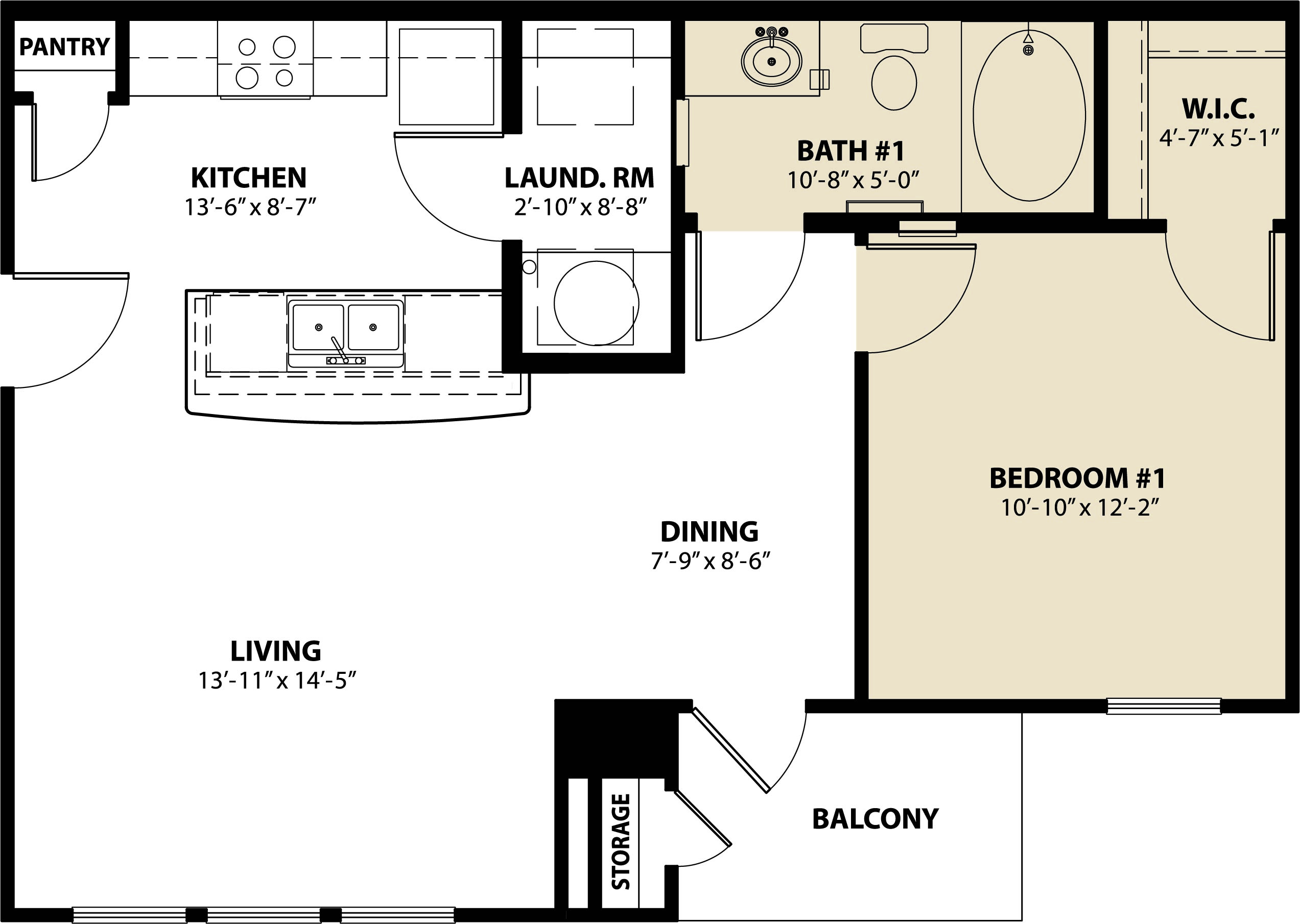 Floor plan for 1 bed, 1 bath, 664 sqft